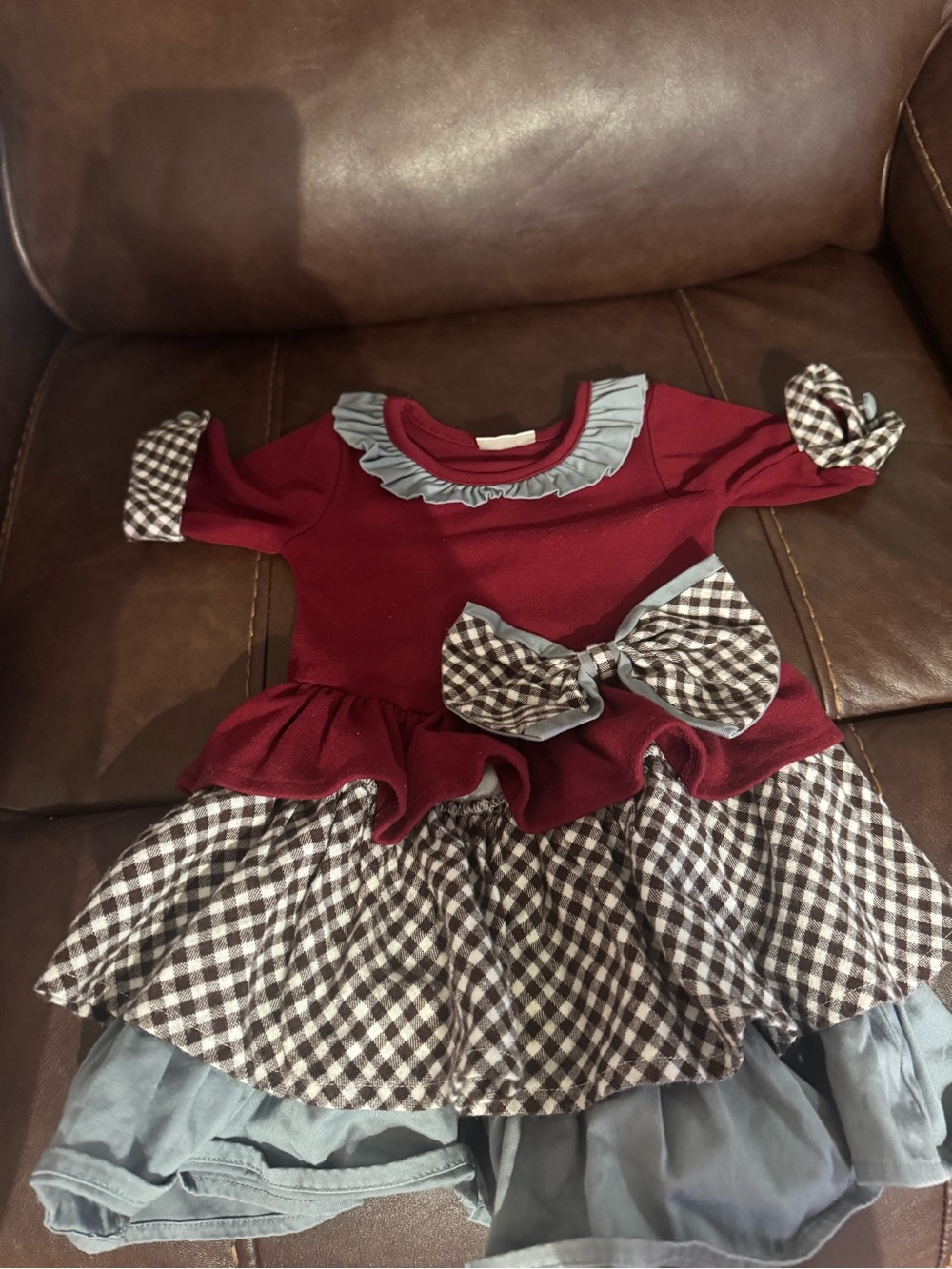 Girls Maroon and Black Gingham Ruffle tunic with Bow